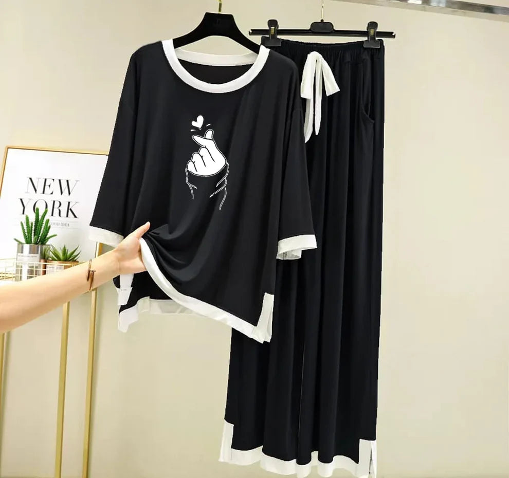 Black K-Pop Heart White Round Neck Plazzo PJ Set