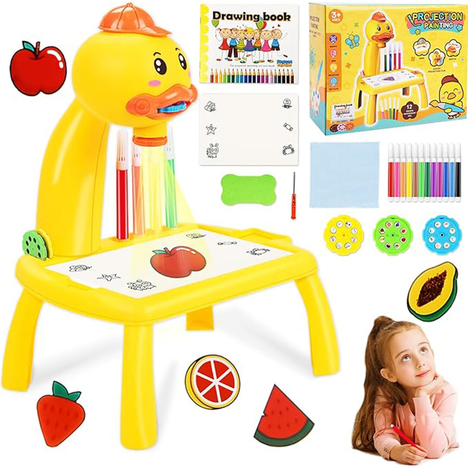 Cute Duck Shape Drawing Projector With Light Music with 12 Markers Toy For Kids