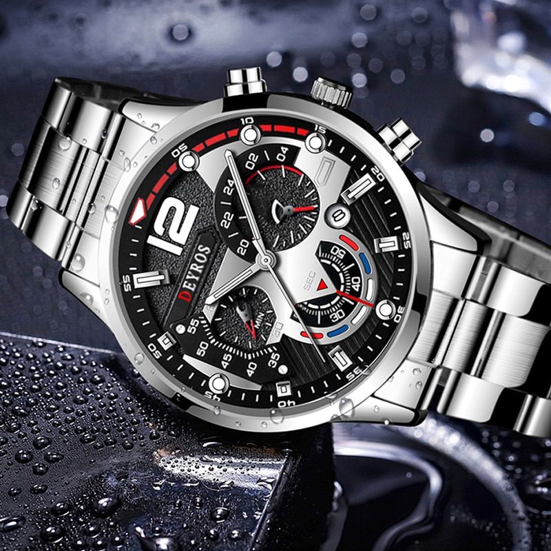 Deyros Stainless Steel Calendar Luminous Clock Dial Analog Luxury Quartz Wristwatch For Men