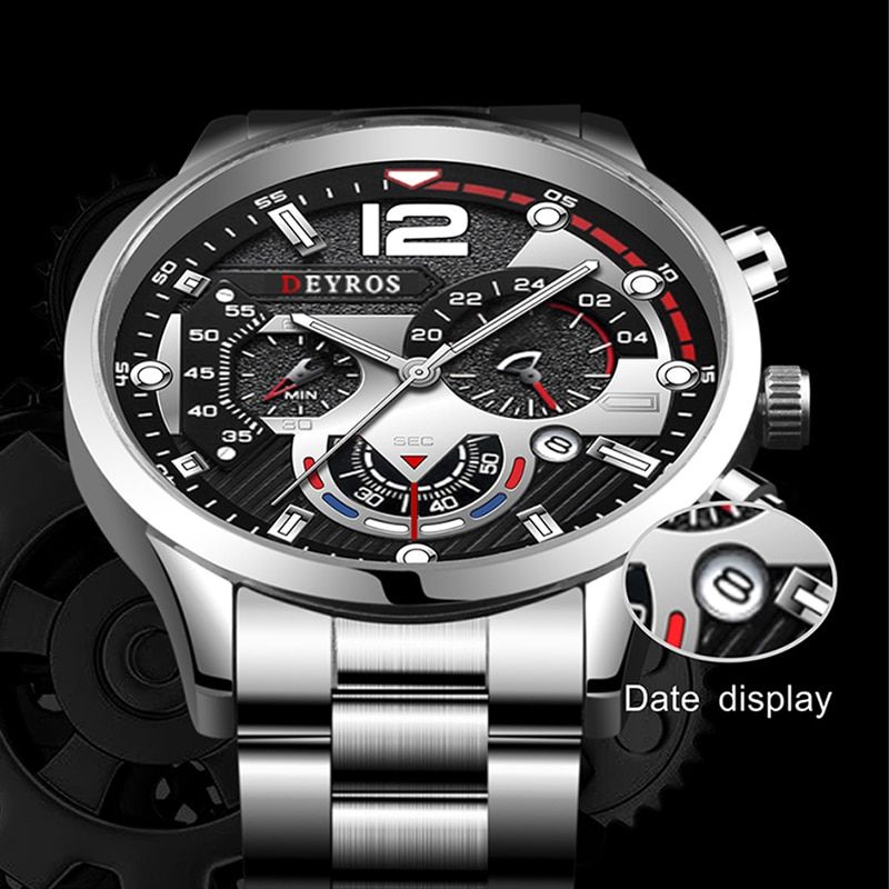 Deyros Stainless Steel Calendar Luminous Clock Dial Analog Luxury Quartz Wristwatch For Men