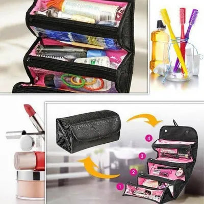Roll N Go Travel Buddy Makeup and Cosmetic Bag For Pack all your cosmetics jewelry, hair care products with 4 spacious vinyl zippered storage compartments