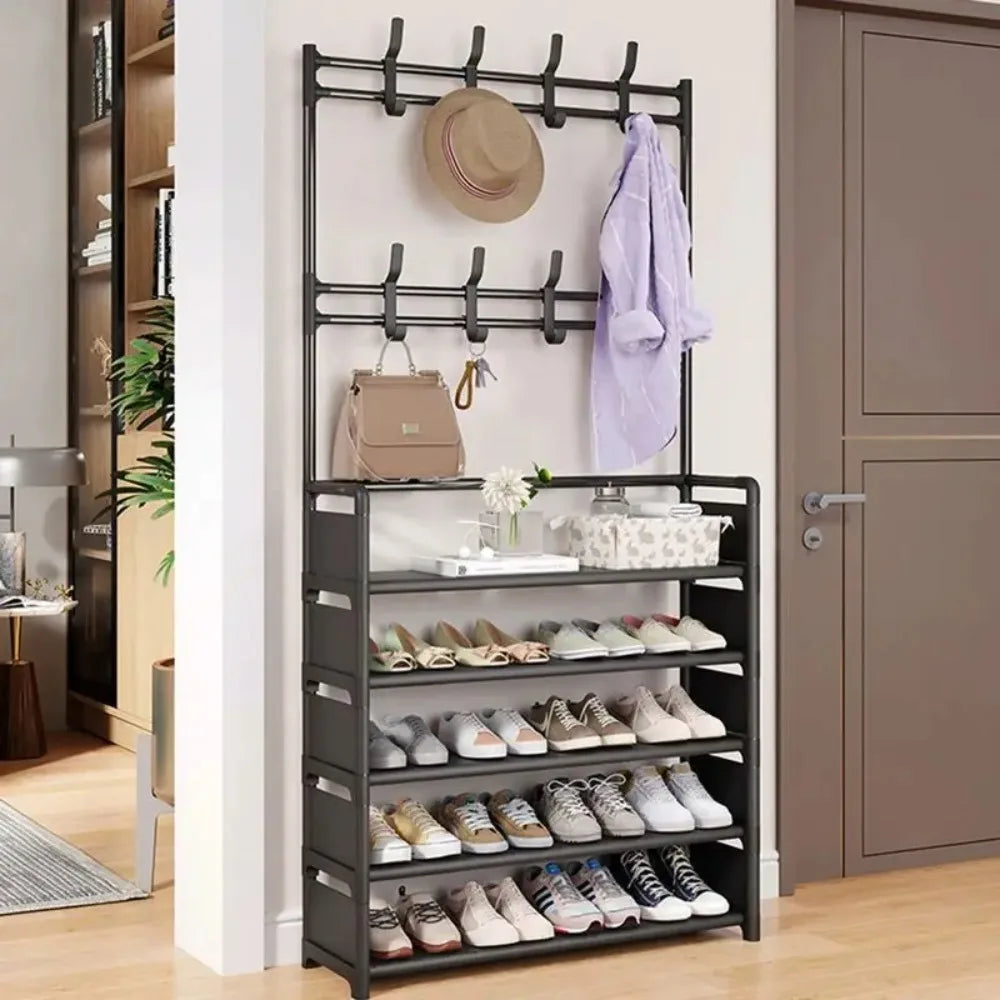 2 in 1 Metal Space Saving Entryway Coat and Shoe Racks Storage Organizer For Home Dorms and Apartments