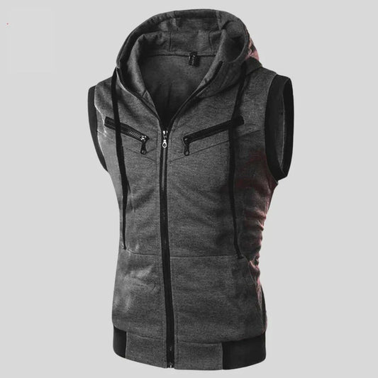Sleeveless Zipper Hoodie in Charcoal Dark Gray Color