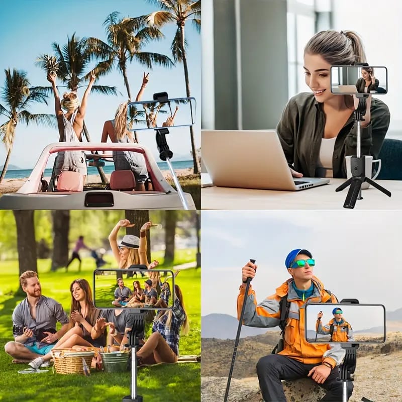 4 in 1 R1S Stainless Steel Selfie Stick Tripod with Wireless Remote for Live Streaming & Video Recording