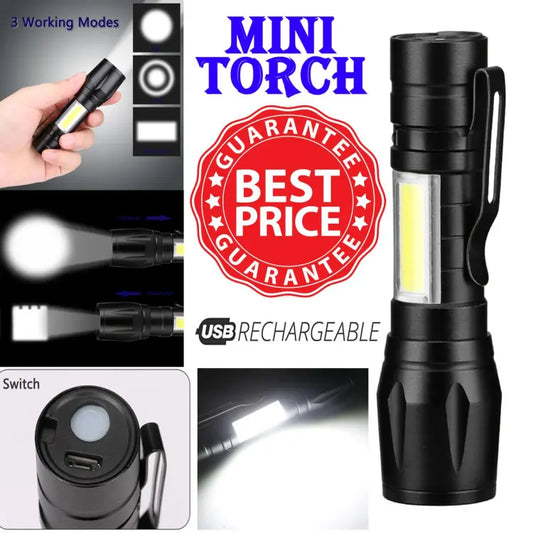 Mini Portable Torch LED Rechargeable Flashlight With USB Charging & Power Bank Waterproof Long Range