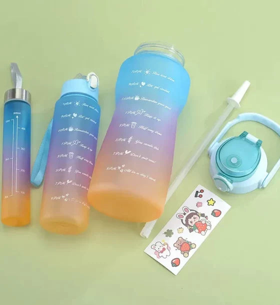 Set of 3 Pcs Unbreakable Leakproof BPA free Water Bottle with Straw and Non-toxic Sipper Bottle for Office, Sports, Gym and School