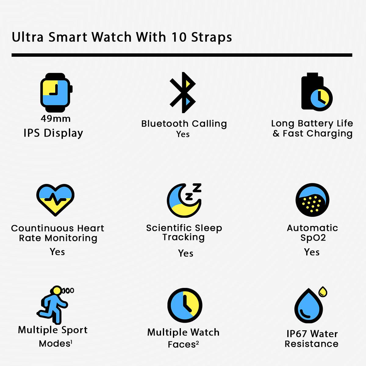 Ultra 10 Smart Watch with Bluetooth Calling Multiple Sports Mode and HD Touch Display with 10 Straps With Box For Men and Women