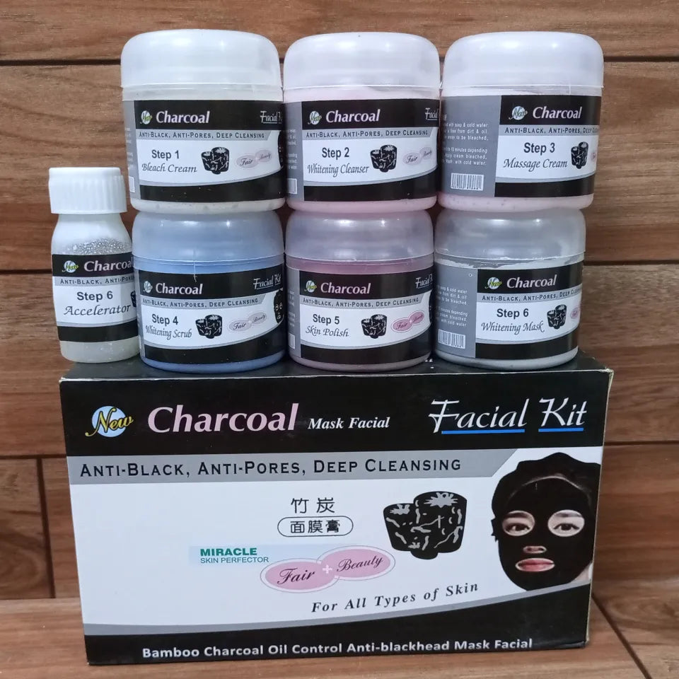 Charcoal Anti-Blackhead Whitening Facial Kit with Bleach – 6 Step Deep Cleansing Facial