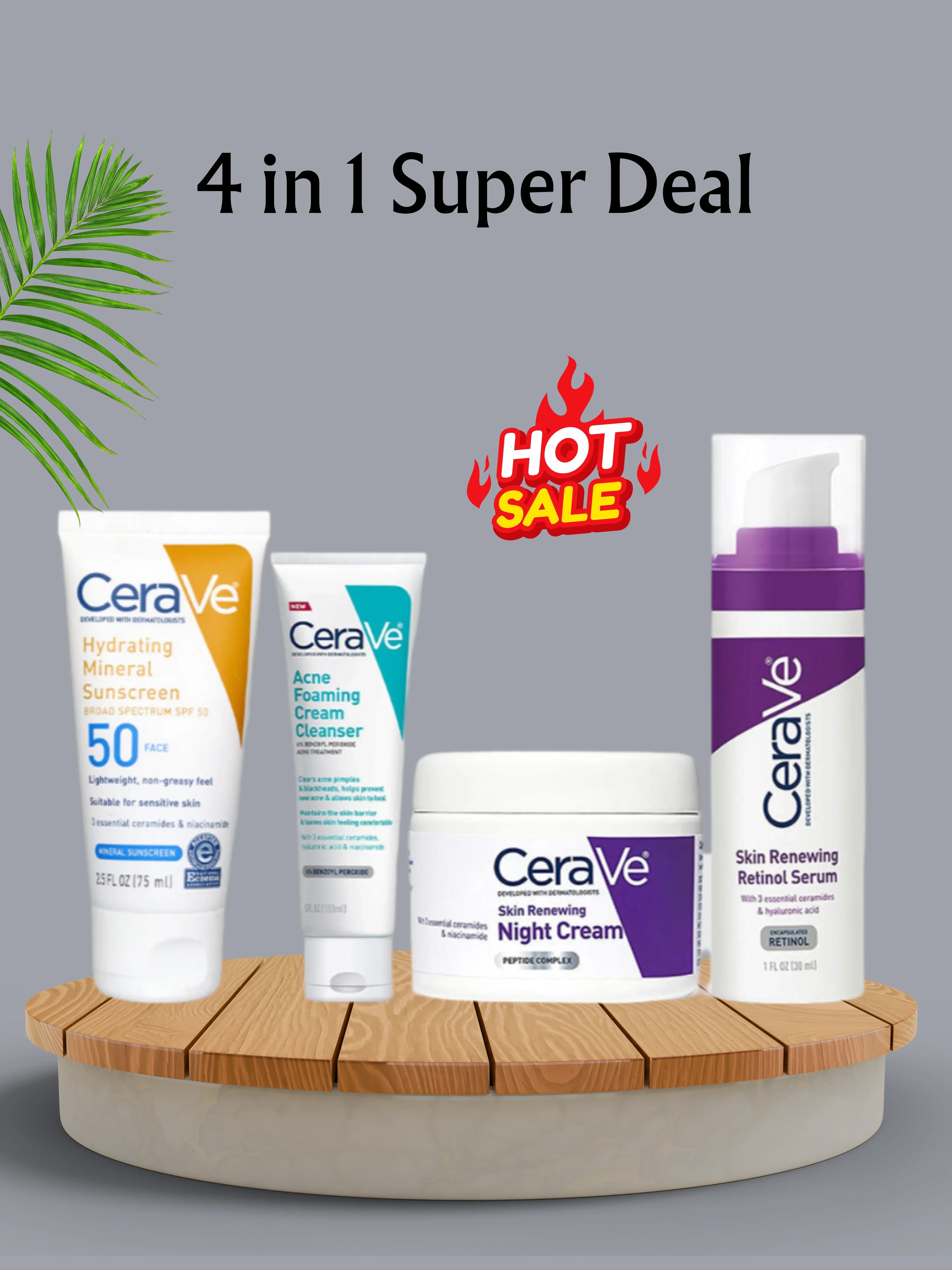 CeraVe 4-in-1 Skincare Kit – Cleanser, Retinol Serum, Sunscreen SPF 50 & Night Cream