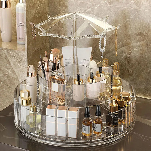 Umbrella Makeup Organizer 360° Rotating – Transparent Cosmetic Storage Stand