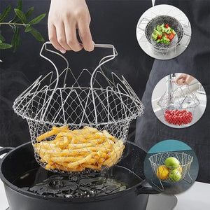 Chef Basket – Stainless Steel Folding Fry & Strainer Basket | Multi Purpose Cooking Basket