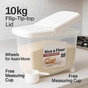 10KG Rice & Flour Storage Container – Airtight Kitchen Grain Box with Wheels & Measuring Cup