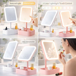 LED Makeup Mirror with Storage Base – Touch Control 3 Light Modes