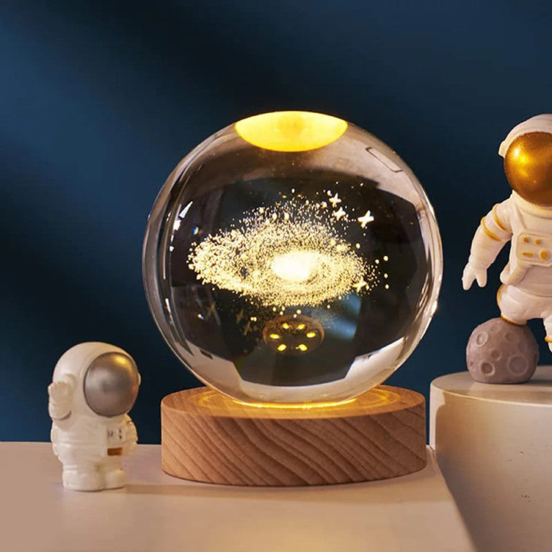 3D Galaxy Crystal Ball Lamp – LED Night Light | Solar System Glass Lamp with Wooden Base