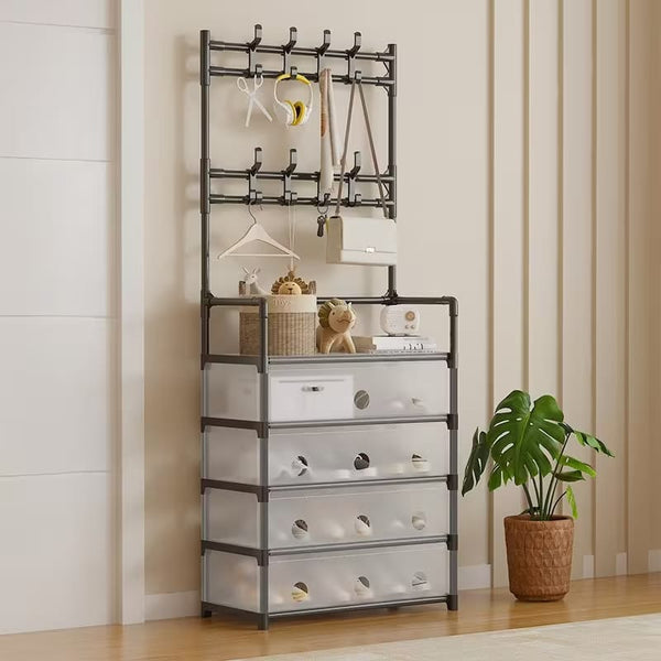 Multi-Functional Dust Proof Shoe Rack with Coat & Hat Stand – Space Saving Organizer with Drawers