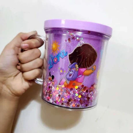 Kids Glitter Mug – Cartoon Fun Cup with Sparkle Effect (With Lid)