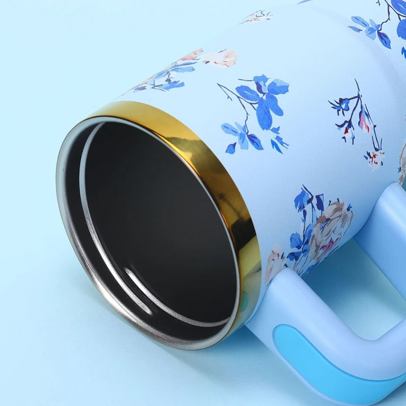 Floral Tumbler with Handle – Insulated Flower Design Cup with Straw