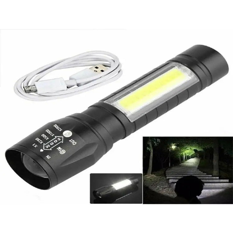 Mini USB Rechargeable Flashlight – COB LED Zoom Torch with Side Light (3 Modes)