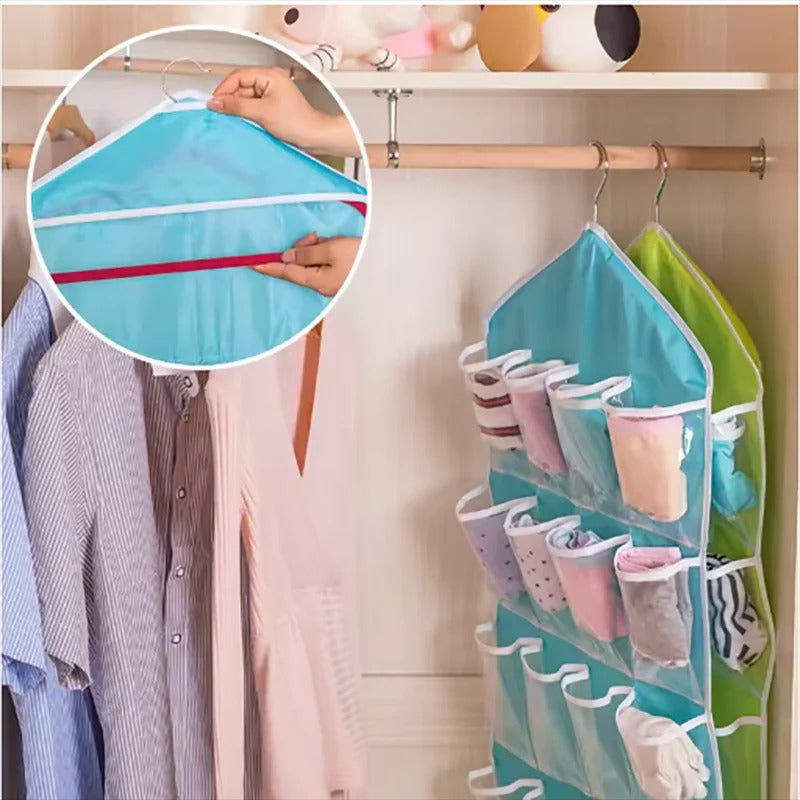 Pack of (2) 16 Pocket Hanging Organizer – Wardrobe Storage for Socks, Underwear & Accessories