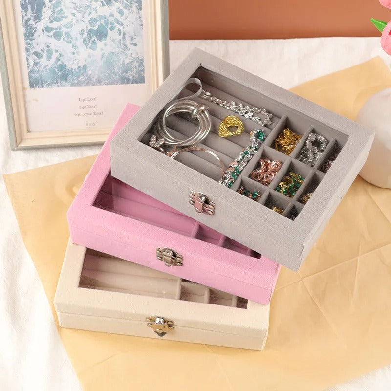 Velvet Glass Jewelry Organizer Box – Ring & Earring Display Storage Case