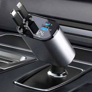 4-in-1 Retractable Car Charger – Fast Charging Multi Cable Car Adapter (Type-C, iPhone, USB)