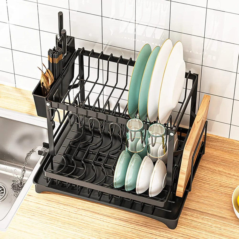 2 Layer Dish Drying Rack (Imported) – Rust Proof Kitchen Organizer with Glass & Knife Holder