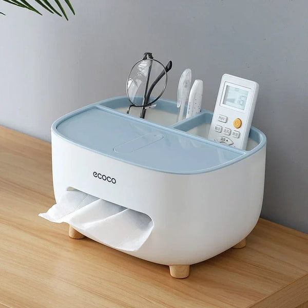 Multifunctional Tissue Box Holder with Remote Storage – Plastic Organizer Stand