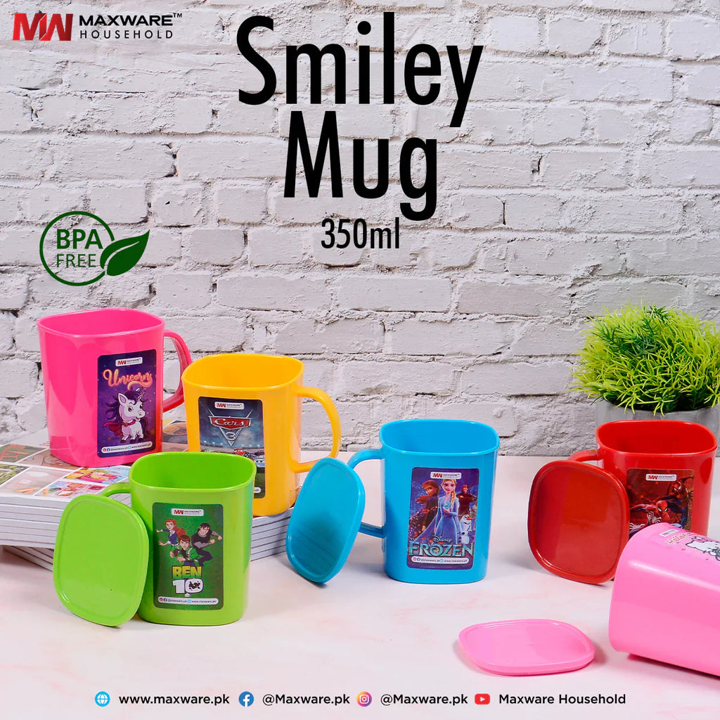 Pack of 2 Smiley Mug with Lid – BPA Free Kids Cartoon Mug (Leak-Resistant Cover)