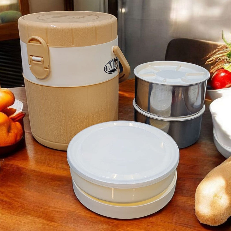 Mega Lunch Carrier Small – Insulated Tiffin Box with 2 Steel Bowls & 1 Plastic Bowl