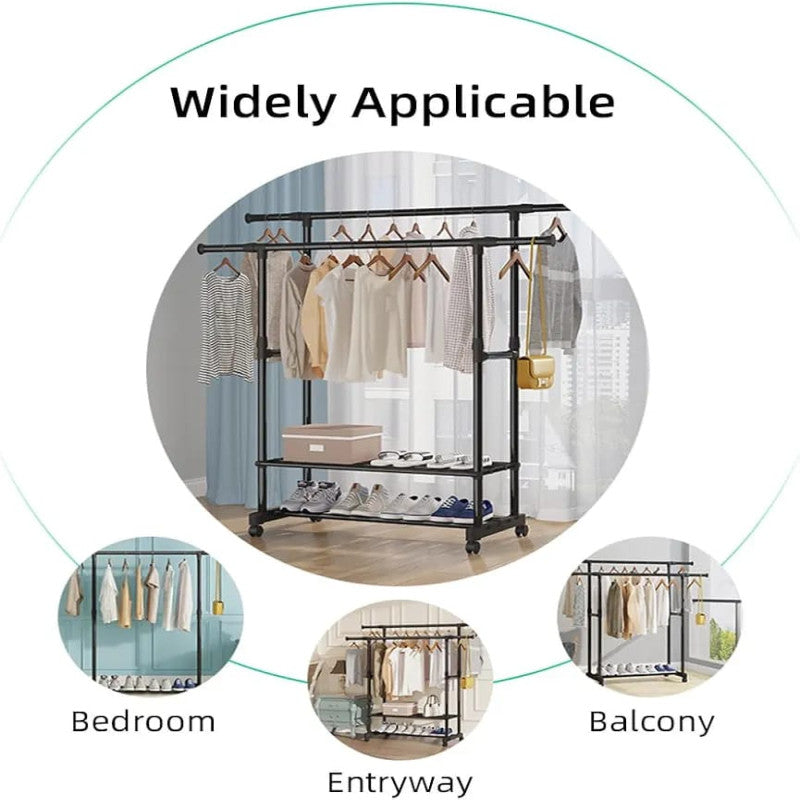 Heavy Duty Clothes Rack with Shoe Shelf (50KG) – Industrial Metal Garment Stand with Wheels