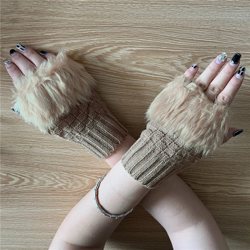 Winter Women Gloves – Soft Wool Knit Fingerless Gloves with Fur | Warm & Stylish Hand Warmers