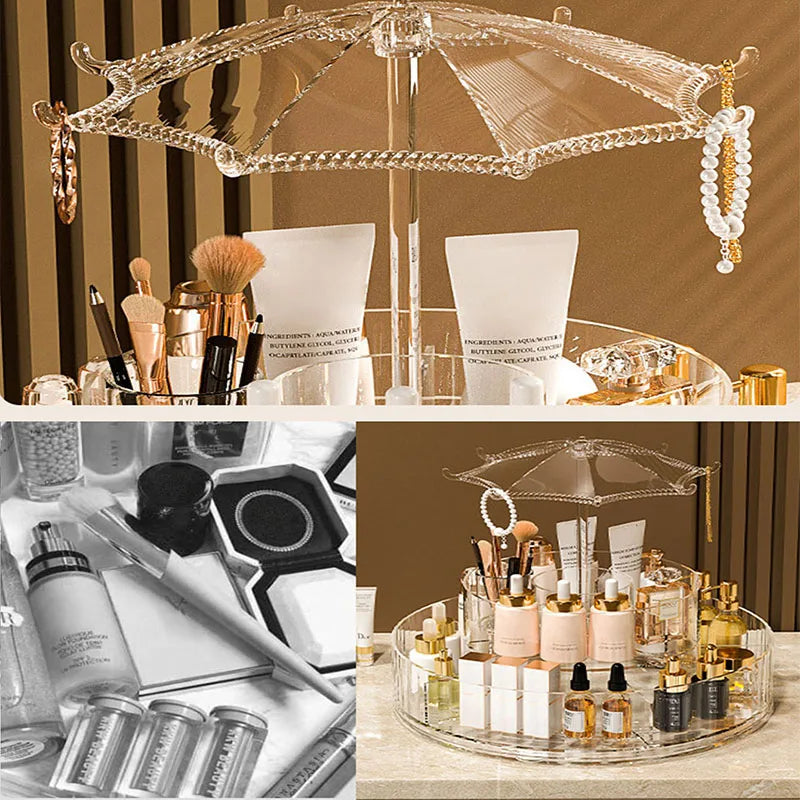 Umbrella Makeup Organizer 360° Rotating – Transparent Cosmetic Storage Stand