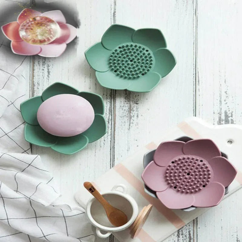 Pack of 3 Silicone Flower Soap Holder with Brush Base – Anti-Slip Self Draining Soap Dish