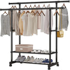 Heavy Duty Clothes Rack with Shoe Shelf (50KG) – Industrial Metal Garment Stand with Wheels