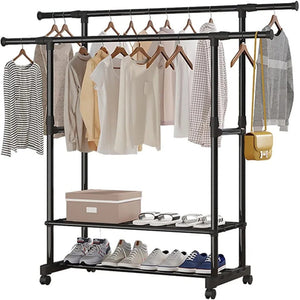 Heavy Duty Clothes Rack with Shoe Shelf (50KG) – Industrial Metal Garment Stand with Wheels
