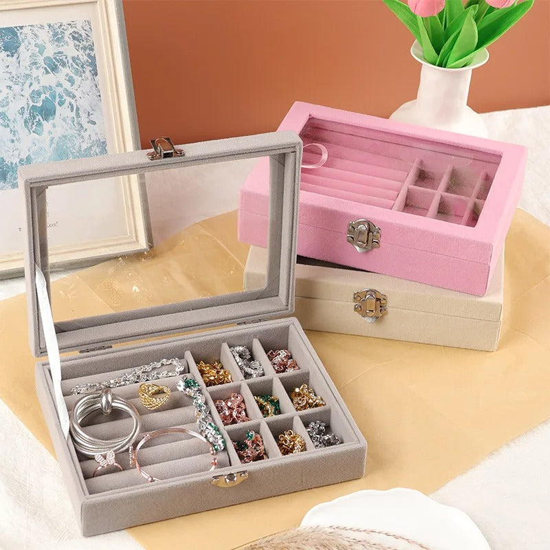 Velvet Glass Jewelry Organizer Box – Ring & Earring Display Storage Case