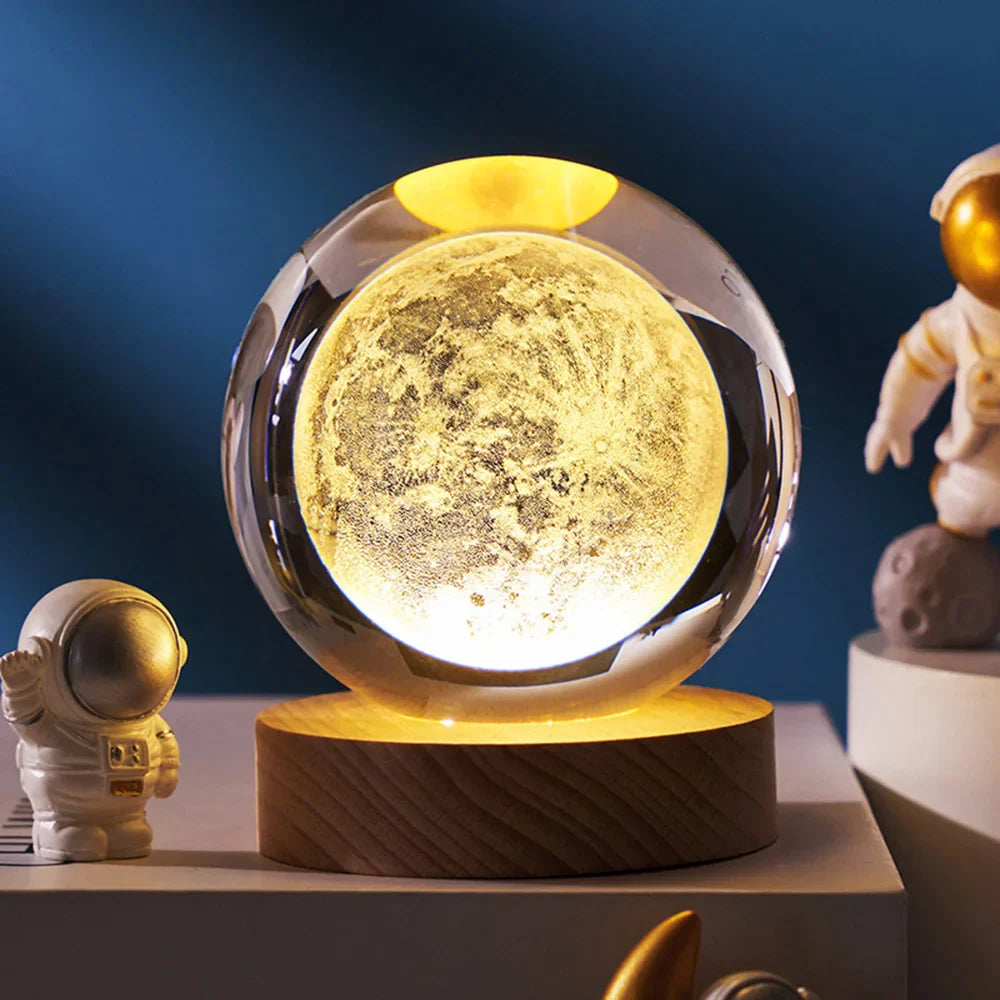 3D Galaxy Crystal Ball Lamp – LED Night Light | Solar System Glass Lamp with Wooden Base