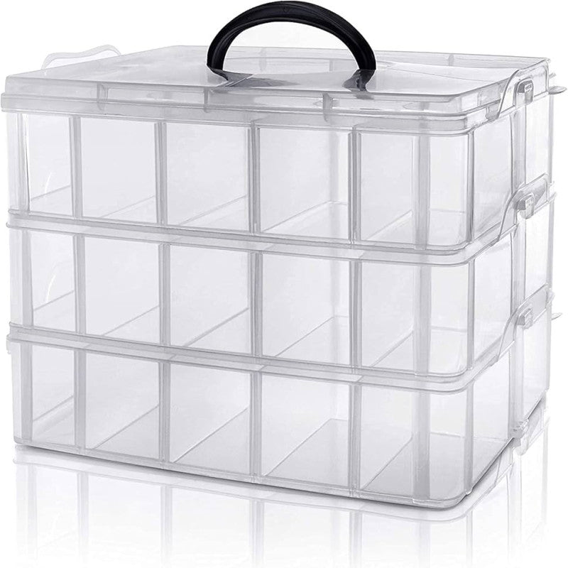 4 Layer Stackable Storage Box Organizer – Multi Tier Plastic Storage Case with Compartments & Lock