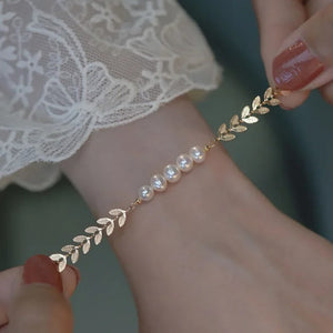 Golden Bracelet for Women – Elegant Leaf & Pearl Design Hand Jewelry