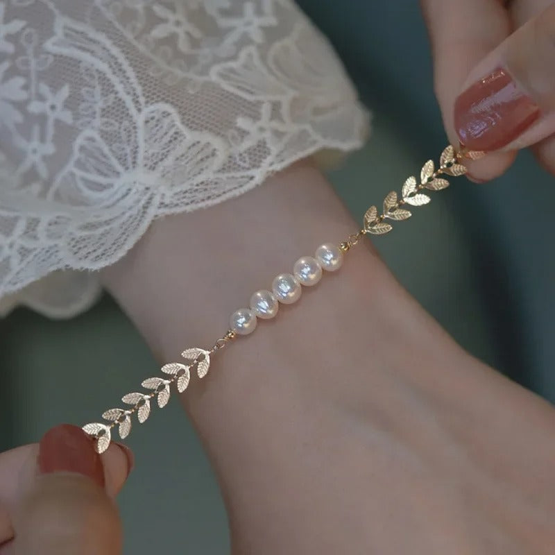 Golden Bracelet for Women – Elegant Leaf & Pearl Design Hand Jewelry