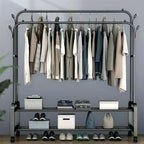 Heavy Duty Hanging Cloth Rack (48KG) – Double Rod Garment Stand with Wheels & Storage Shelf