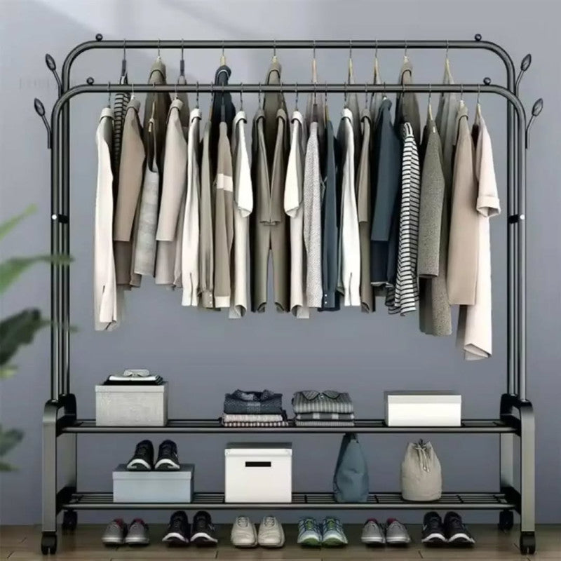Heavy Duty Hanging Cloth Rack (48KG) – Double Rod Garment Stand with Wheels & Storage Shelf