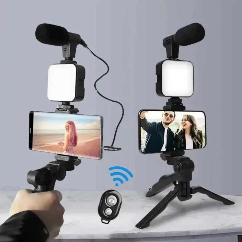 3-in-1 Vlogging Kit – Tripod Stand + LED Fill Light + Microphone Set for Mobile