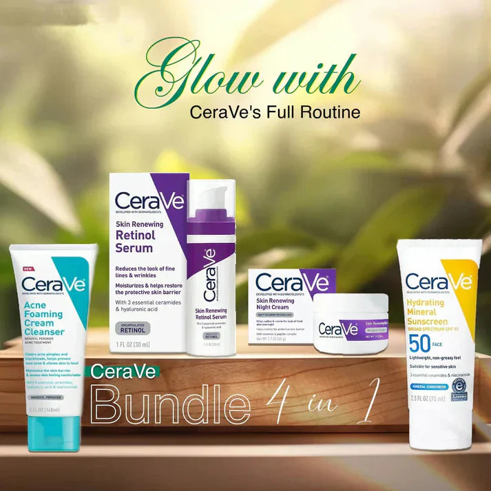 CeraVe 4-in-1 Skincare Kit – Cleanser, Retinol Serum, Sunscreen SPF 50 & Night Cream