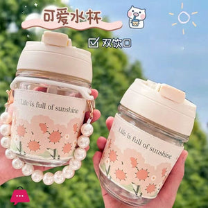 Cute Straw Glass Cup with Pearl Handle – Leakproof Aesthetic Drinking Cup