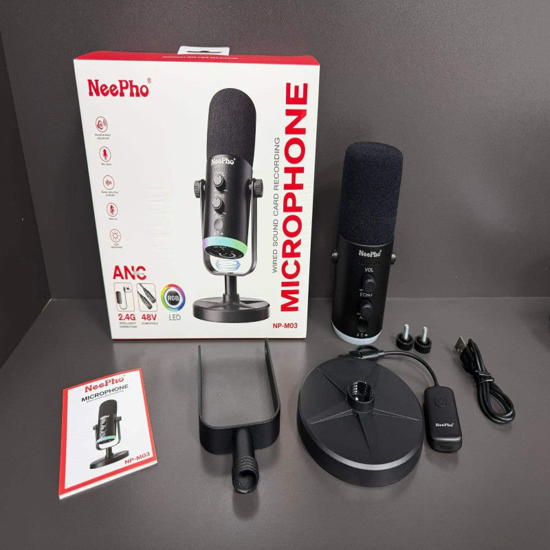 NeePho NP-M03 Podcast Microphone – RGB Condenser Mic with Stand & Noise Reduction