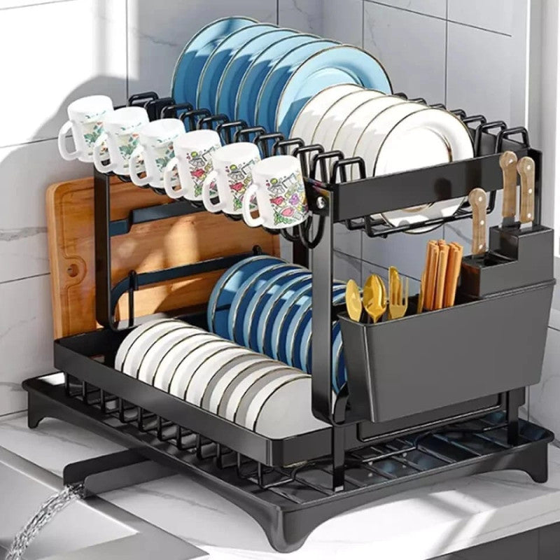 2 Layer Dish Drying Rack (Imported) – Rust Proof Kitchen Organizer with Glass & Knife Holder