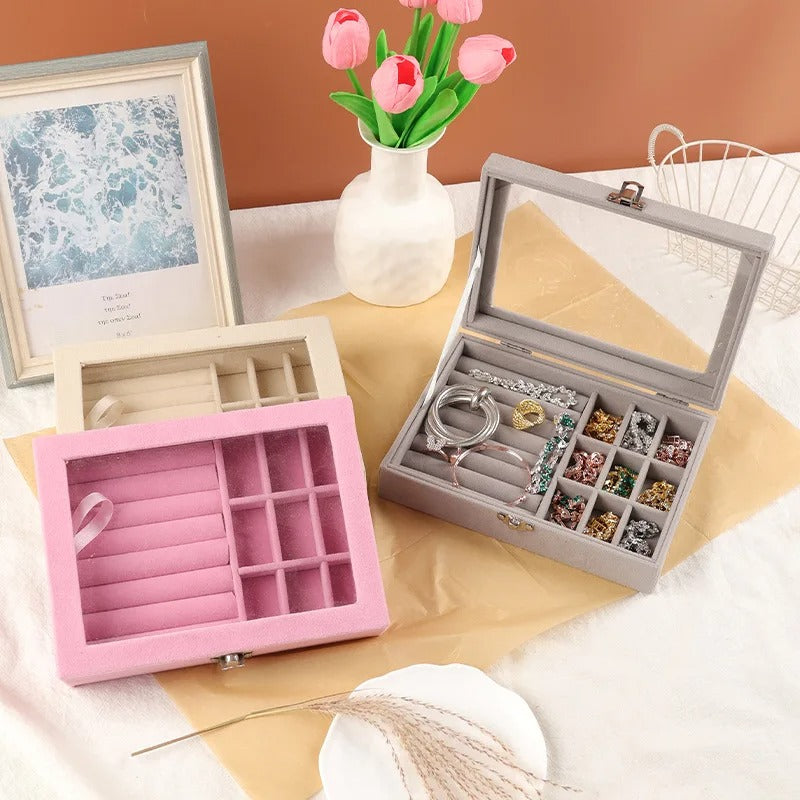 Velvet Glass Jewelry Organizer Box – Ring & Earring Display Storage Case