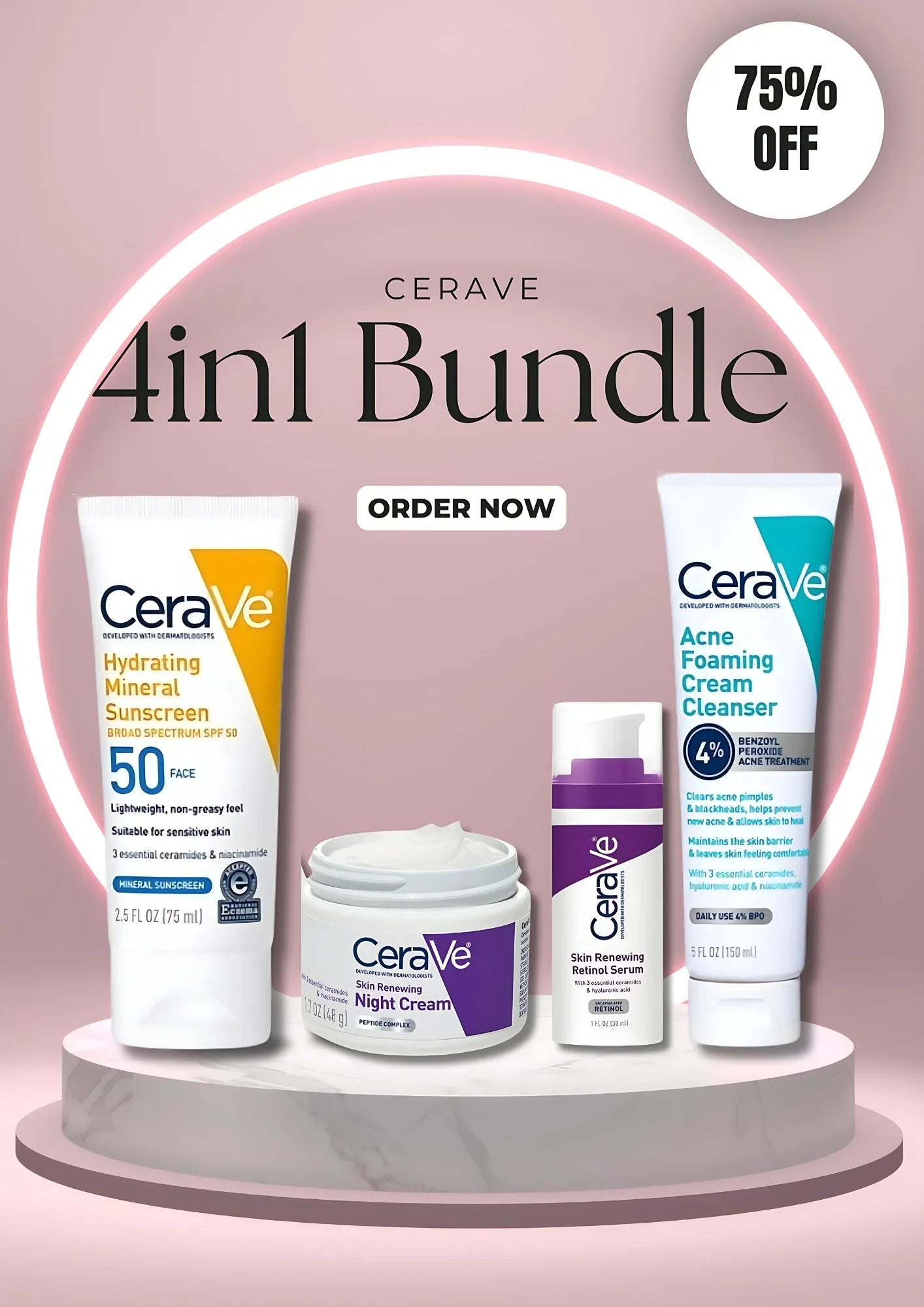 CeraVe 4-in-1 Skincare Kit – Cleanser, Retinol Serum, Sunscreen SPF 50 & Night Cream