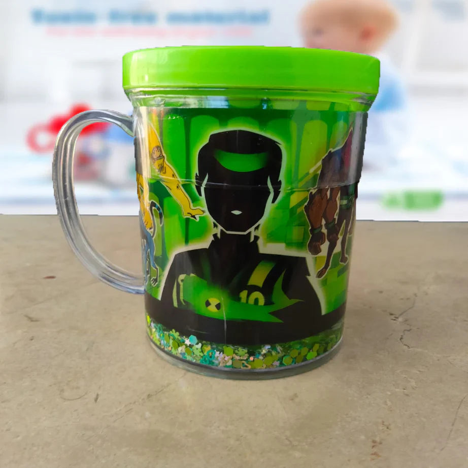 Kids Glitter Mug – Cartoon Fun Cup with Sparkle Effect (With Lid)